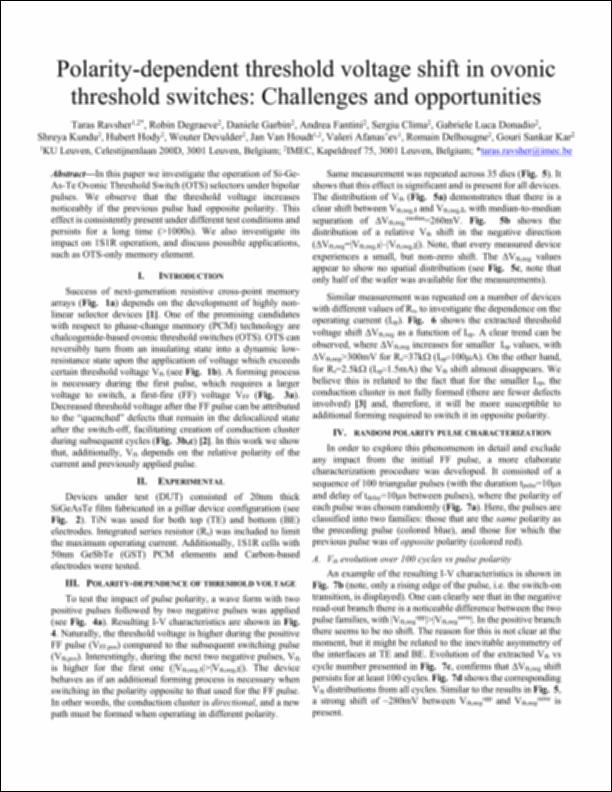 Polarity-dependent threshold voltage shift in ovonic threshold switches ...