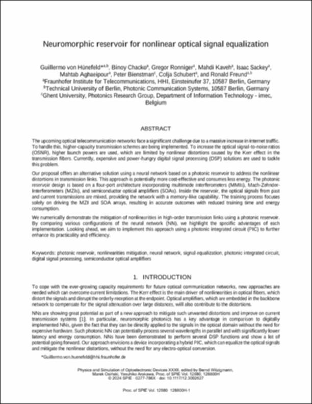 Neuromorphic reservoir for nonlinear optical signal equalization